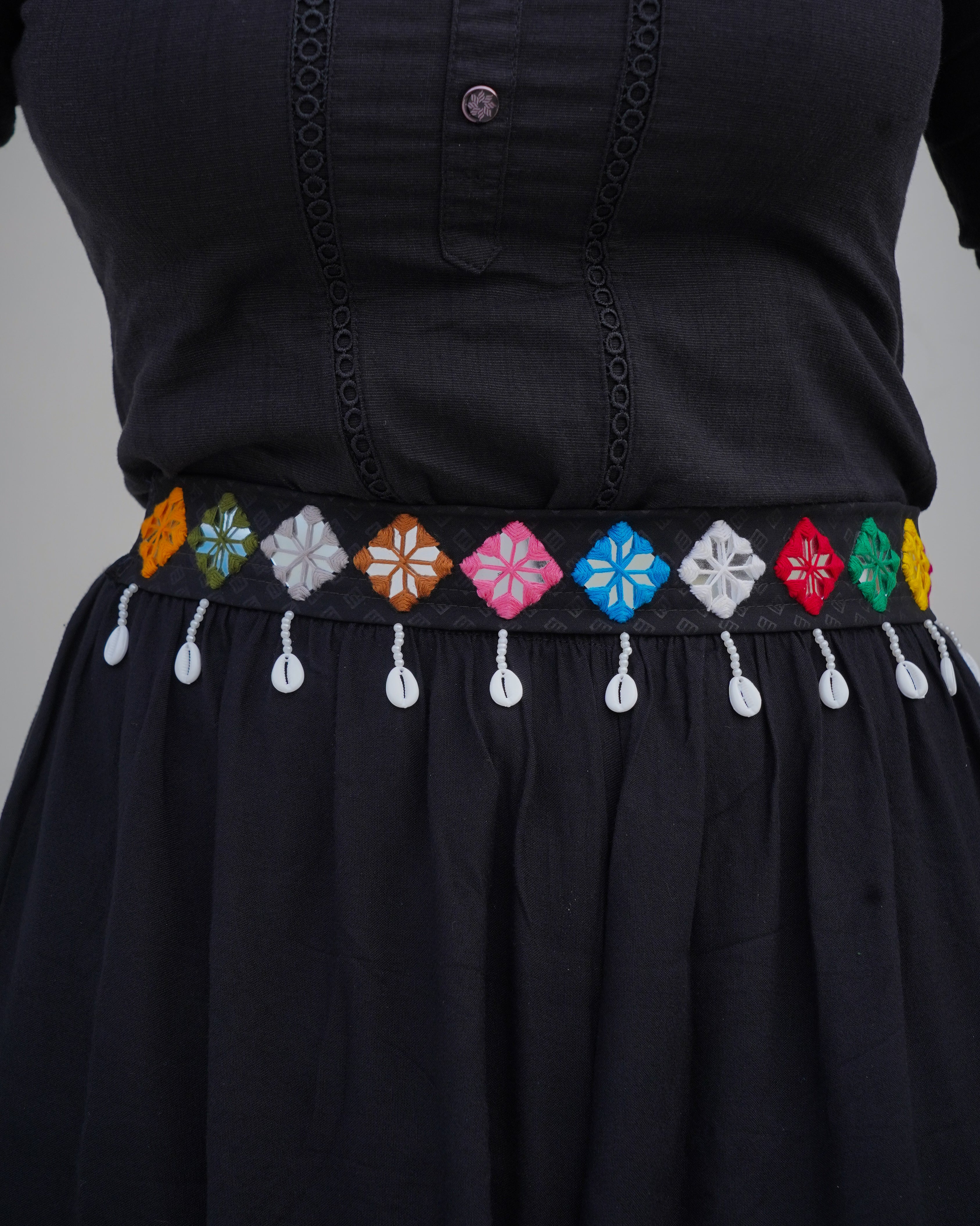 Handcrafted Navratri Embroidered Waist Belt with Mirror Work and Shell Accents in 22 inch with adjustable string