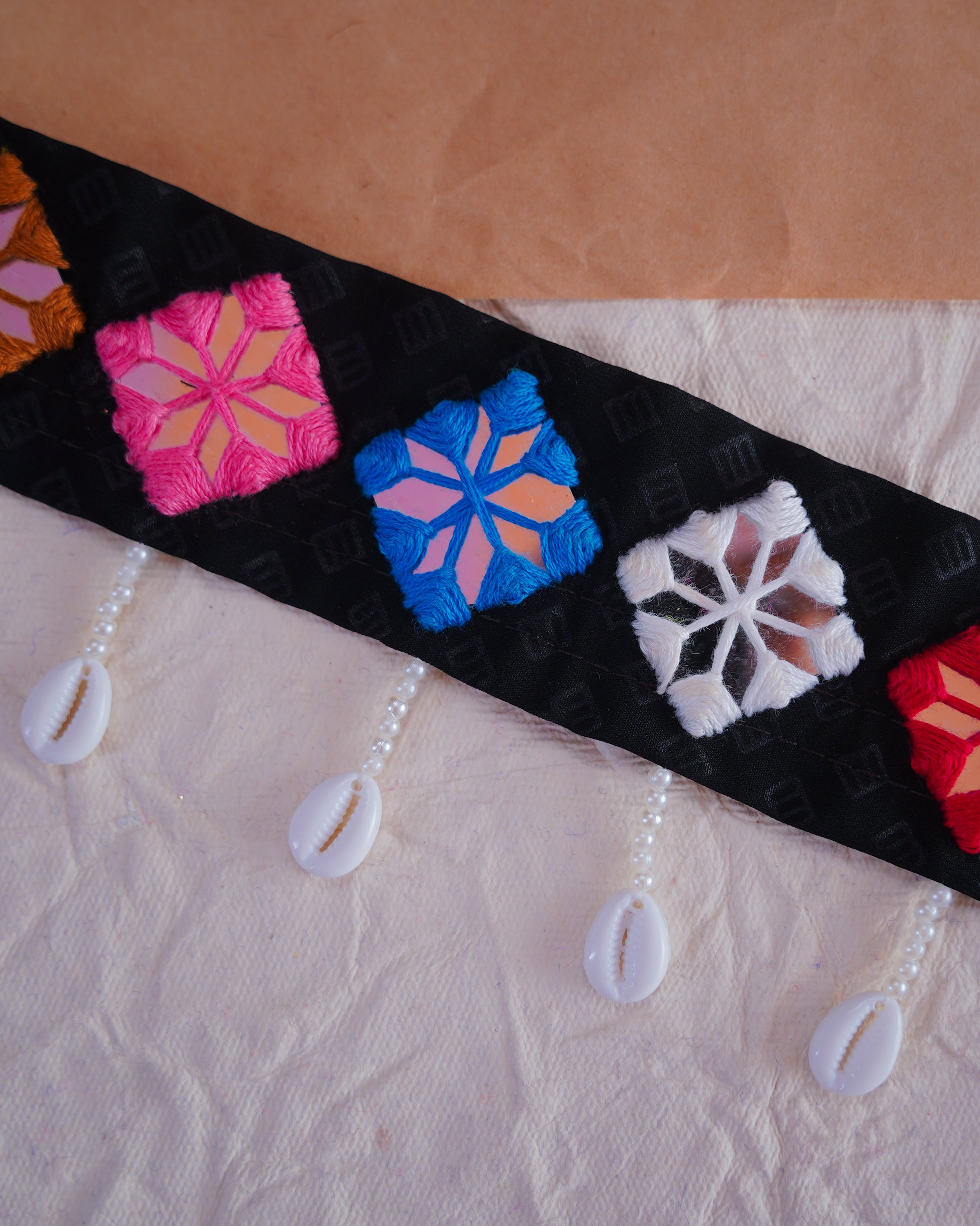 Handcrafted Navratri Embroidered Waist Belt with Mirror Work and Shell Accents in 22 inch with adjustable string