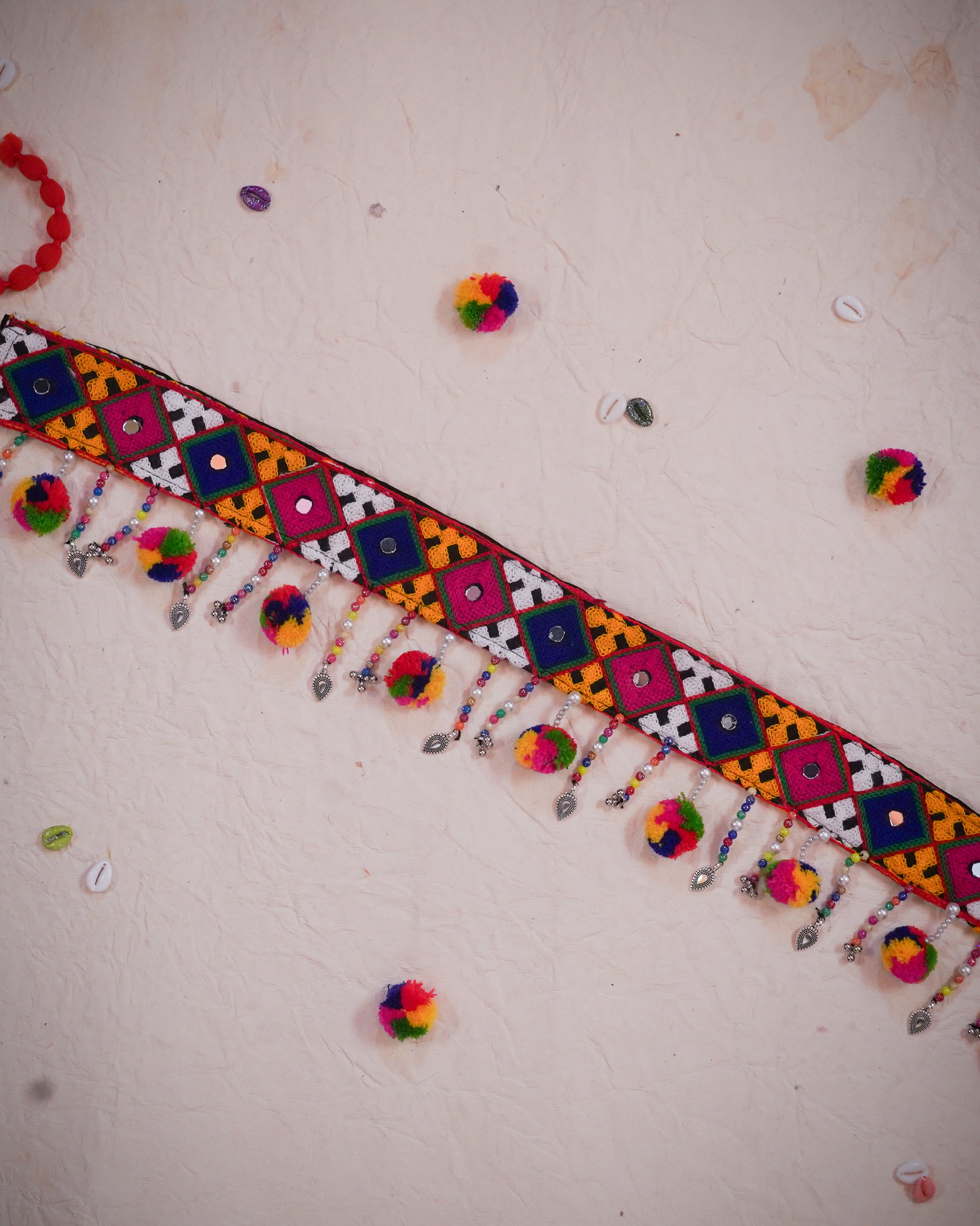 Vibrant Mirror Work Navratri Waist Belt with Colorful Pompons and Beads in 22 inch with adjustable string