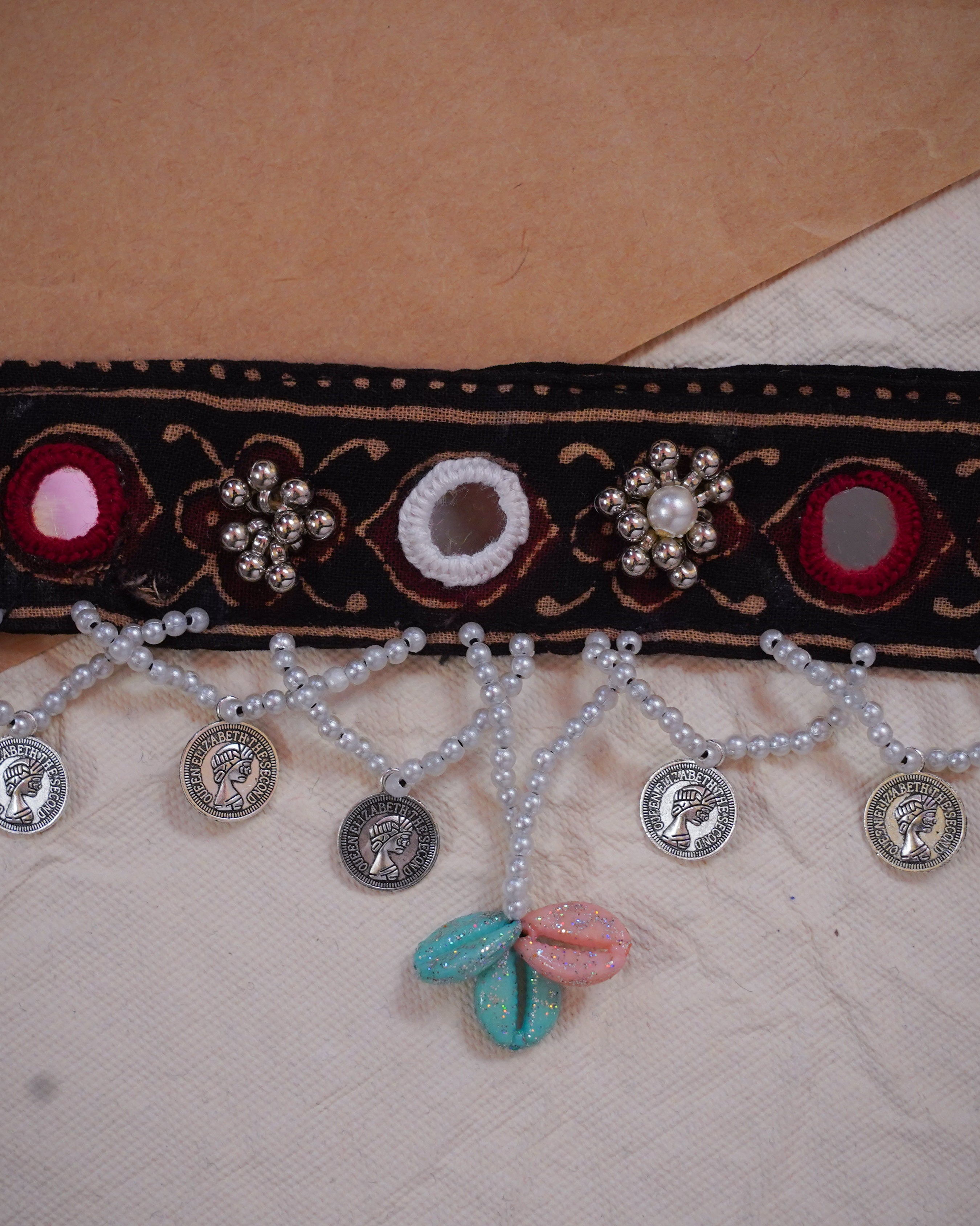 Elegant Black Navratri Waist Belt with Mirror Embroidery and Beaded Coin Danglers in 22 inch with adjustable string