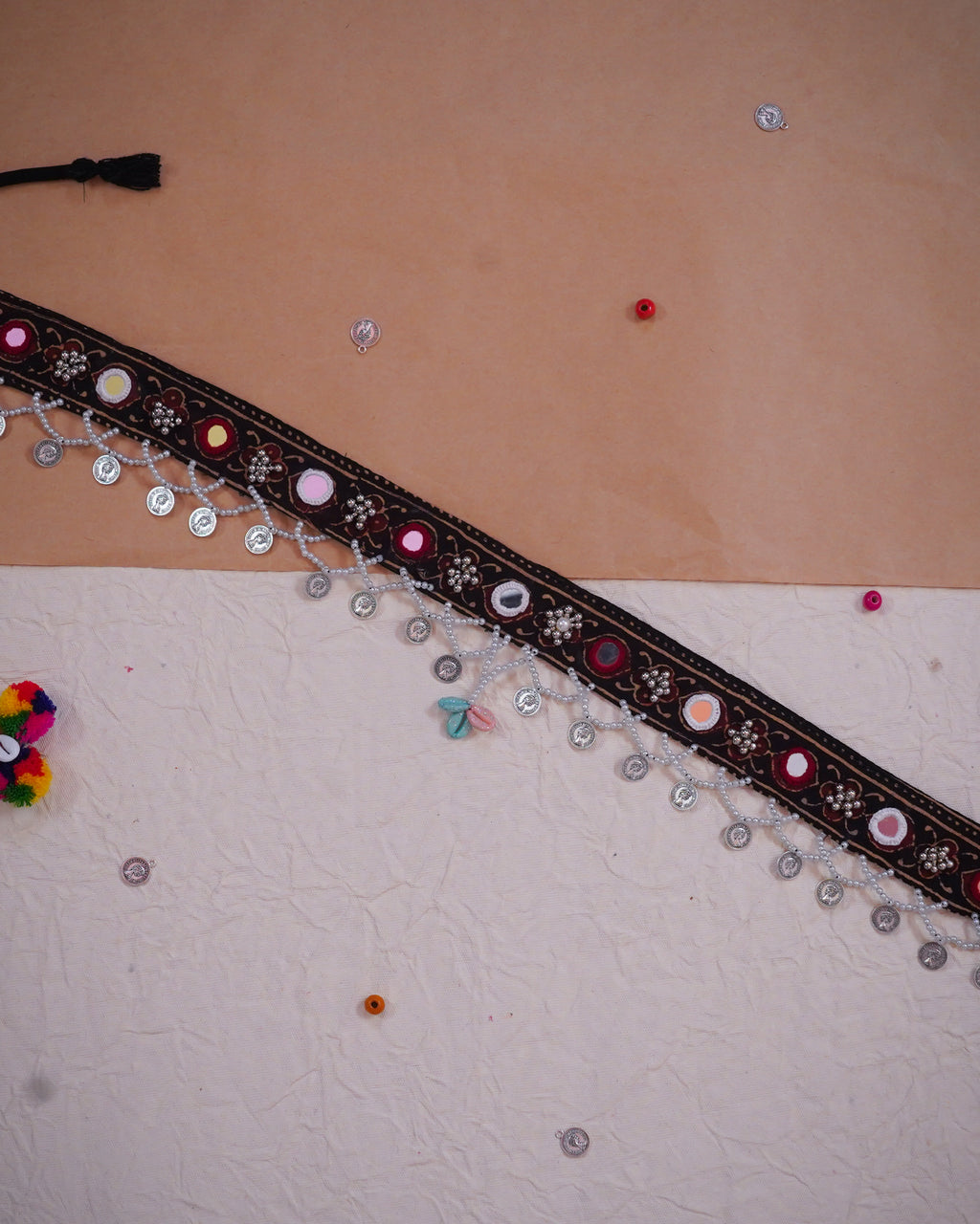 Elegant Black Navratri Waist Belt with Mirror Embroidery and Beaded Coin Danglers in 22 inch with adjustable string