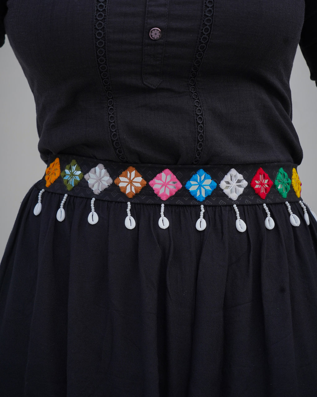 Handcrafted Navratri Embroidered Waist Belt with Mirror Work and Shell Accents in 22 inch with adjustable string