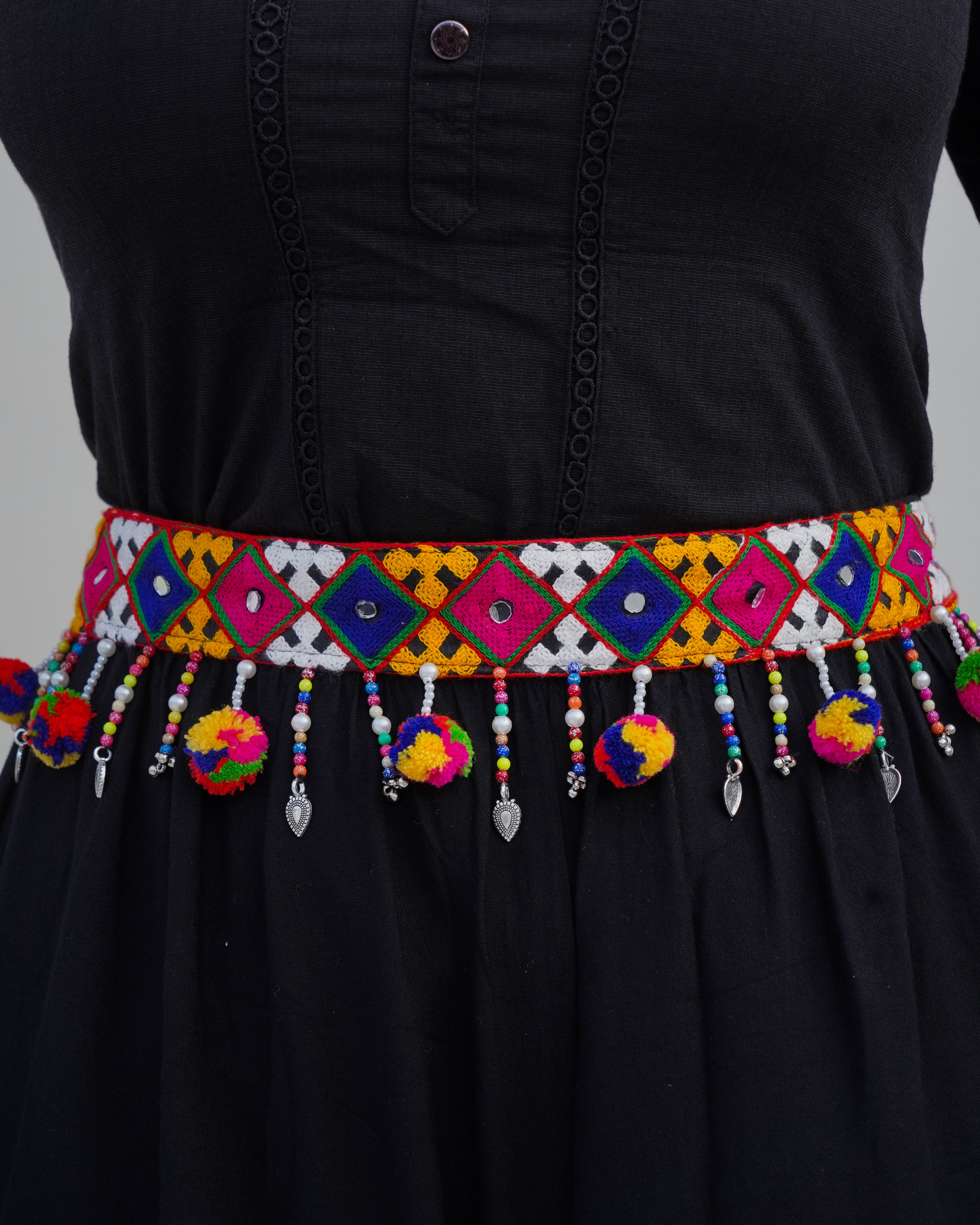 Vibrant Mirror Work Navratri Waist Belt with Colorful Pompons and Beads in 22 inch with adjustable string