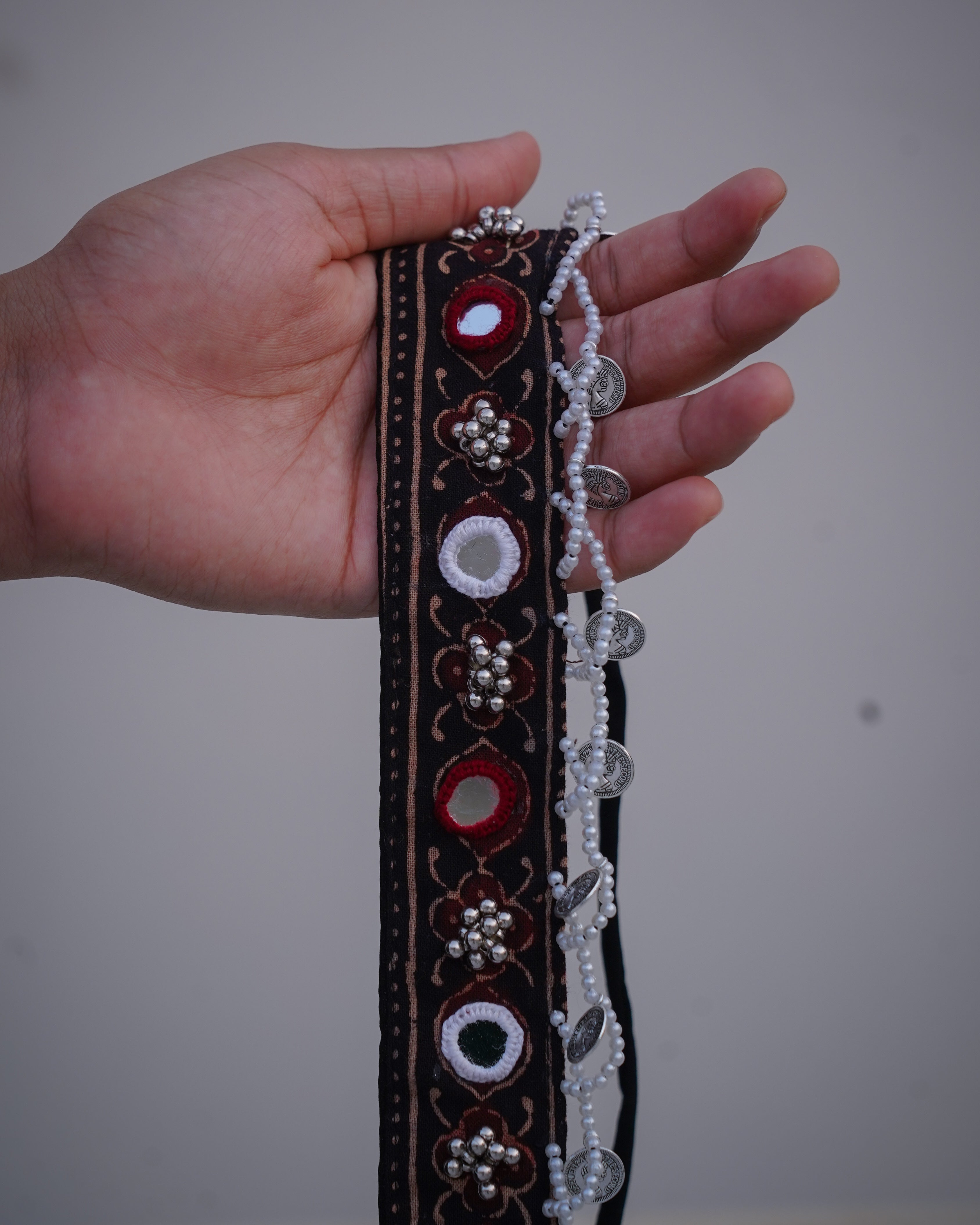 Elegant Black Navratri Waist Belt with Mirror Embroidery and Beaded Coin Danglers in 22 inch with adjustable string