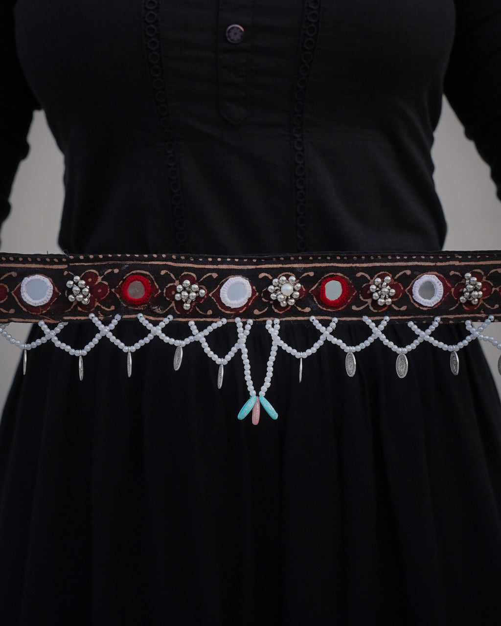 Elegant Black Navratri Waist Belt with Mirror Embroidery and Beaded Coin Danglers in 22 inch with adjustable string