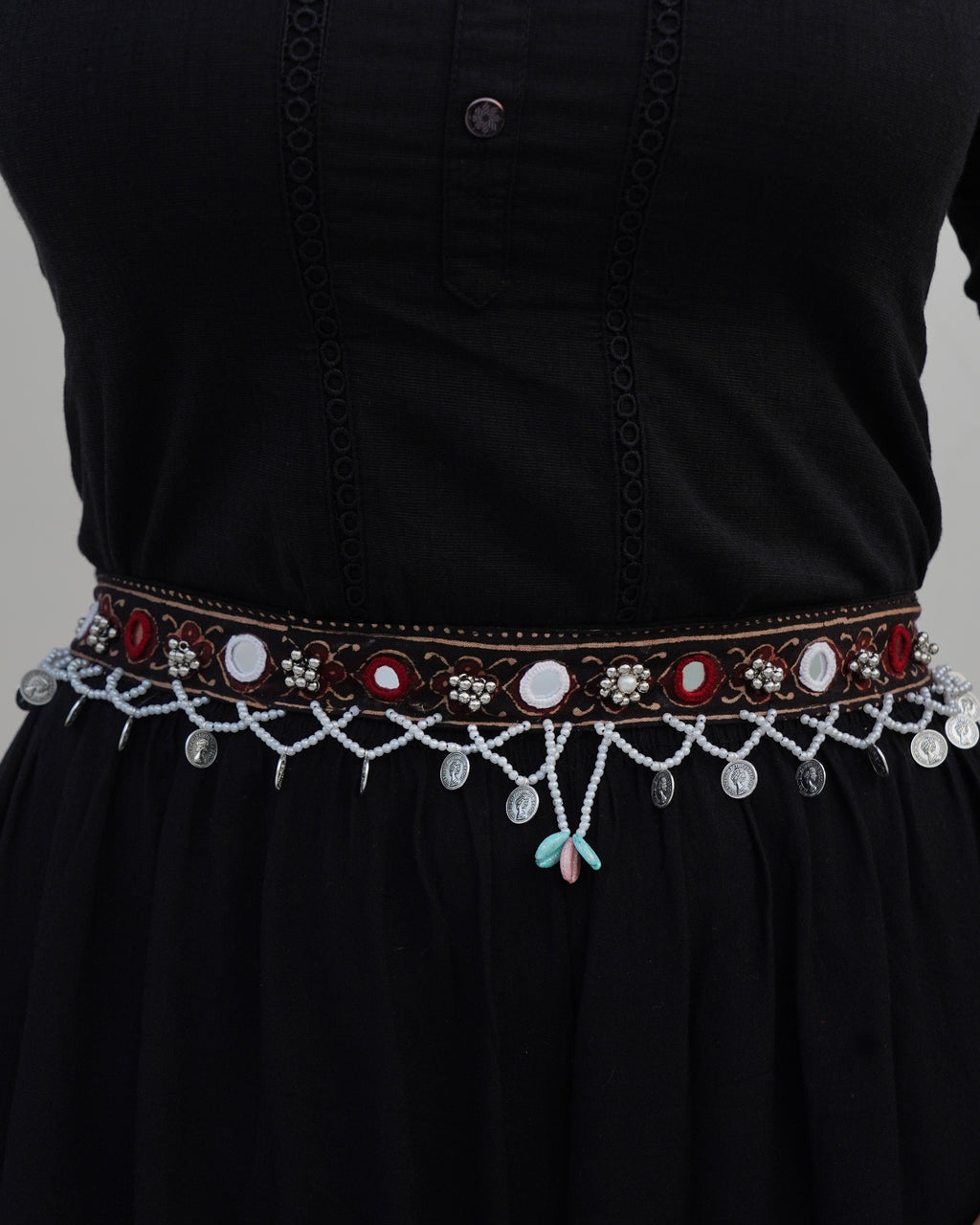 Elegant Black Navratri Waist Belt with Mirror Embroidery and Beaded Coin Danglers in 22 inch with adjustable string